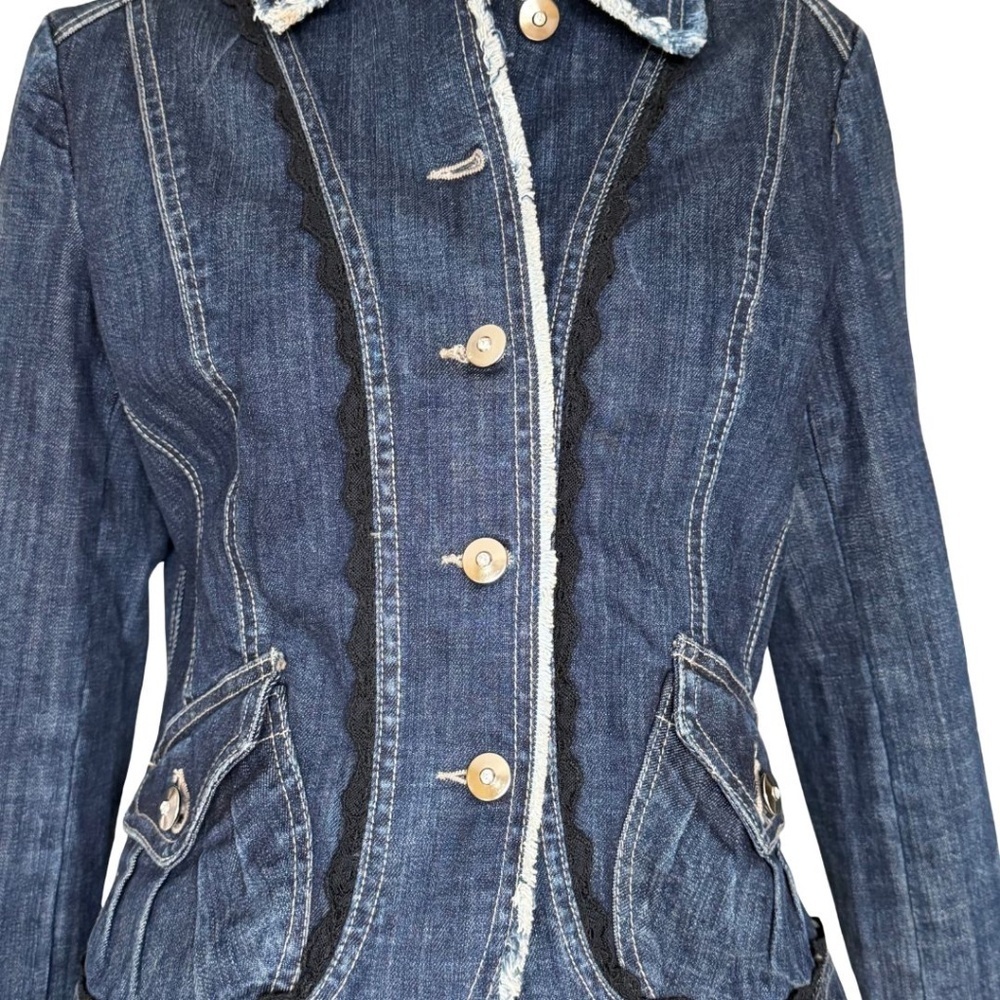 Cache Denim Jacket With Rhinestone Buttons And Black Lace Trim Size 10 - Picture 2 of 5